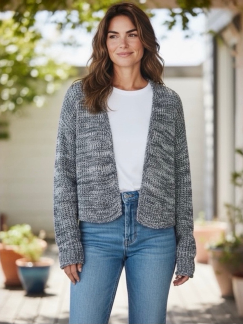 J. Jill Marled Blue Charcoal Cotton Cardigan Small Open Front Chunky Knit Cozy